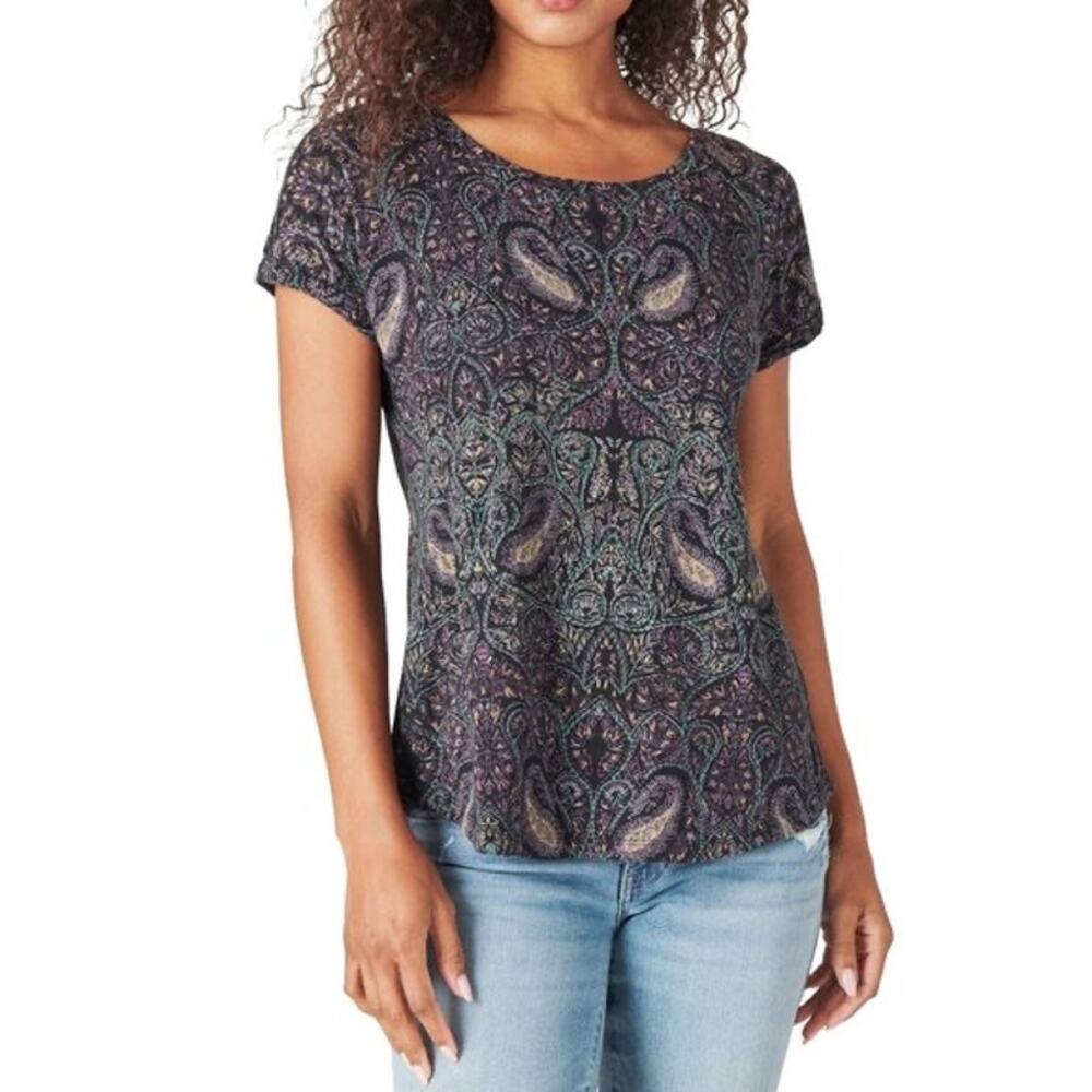 Lucky Brand Women's Black & Purple Paisley Print Split Hem Top Size S. NEW!